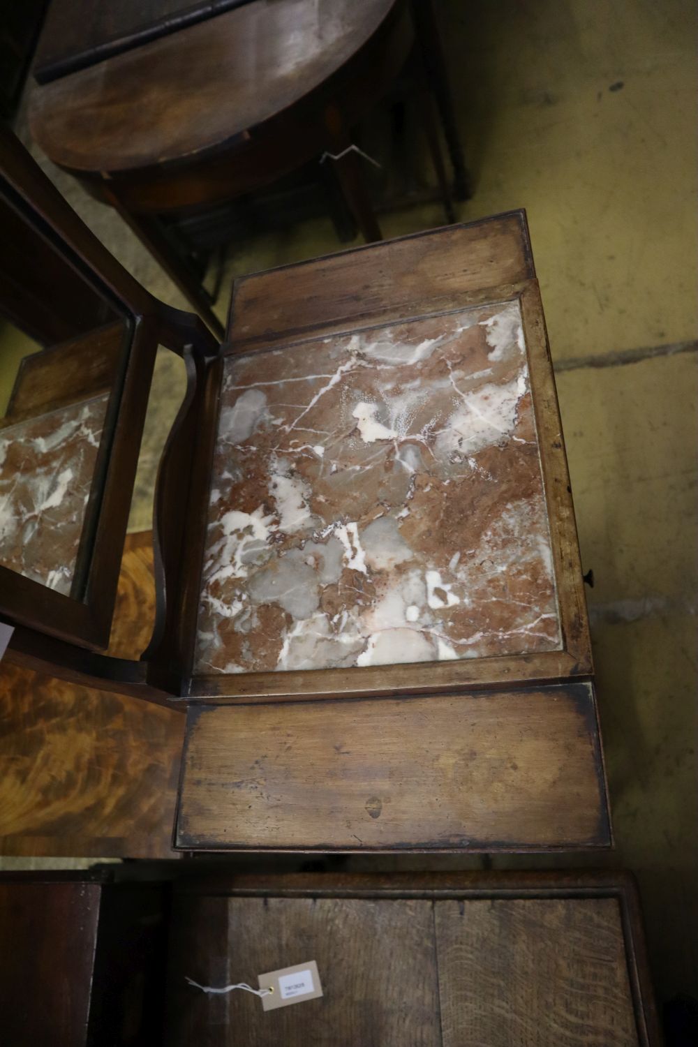 A late Victorian marble top shaving stand, width 56cm depth 33cm height 150cm